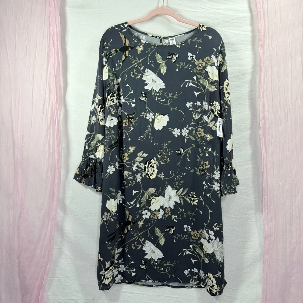 NWT Old Navy XL Tall Grey Floral Shift Dress Long Sleeve Ruffle Cuff Rayon - Picture 1 of 10